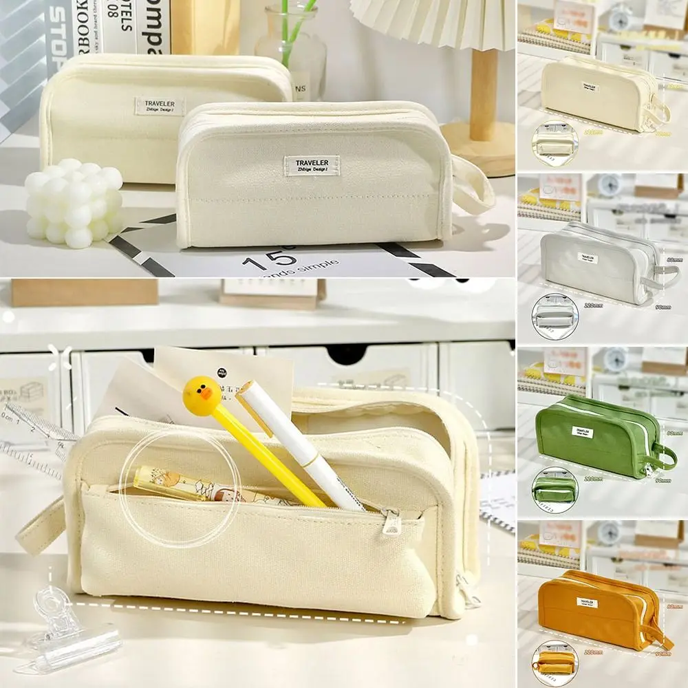 Large Capacity Pen Bag Simplicity Canvas Waterproof Pencil Case Solid Color Pencil Box Student Gift