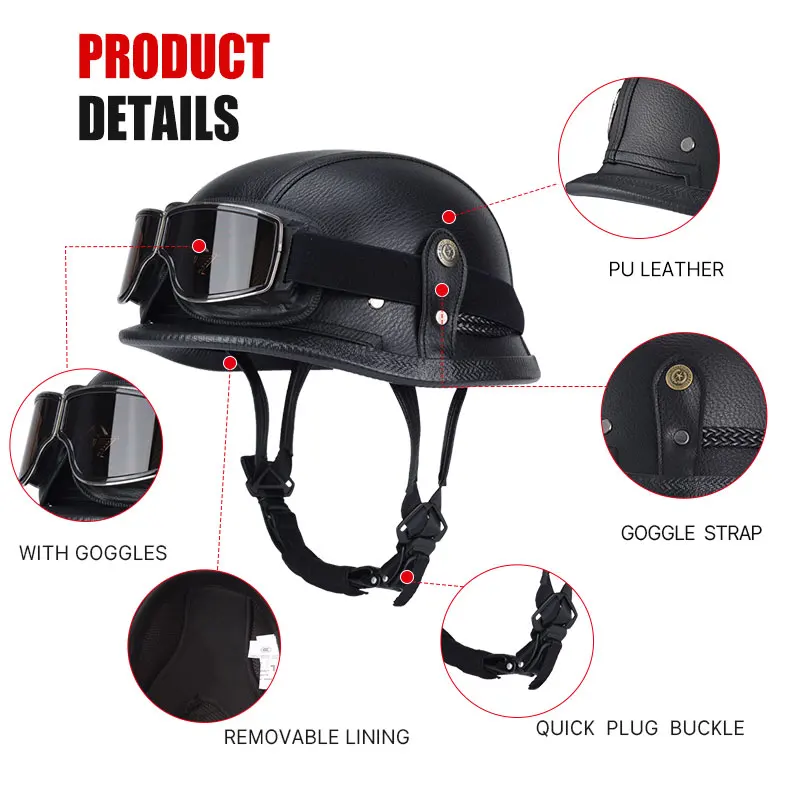 The War II German M35 Half Shell Handmade Leather Helmet For Men Women With Halley Goggle Skull Cap For Cruiser Scooter Chopper