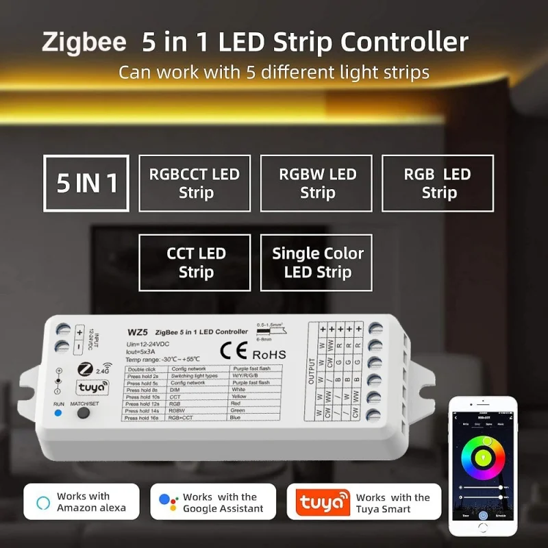 Tuya Zigbee WZ5 LED Controller DC12V 24V Dimmer for RGBCCT RGB RGBW Strip Wall Mounted Touch Panel TW5 Wireless Remote RT5 RT10