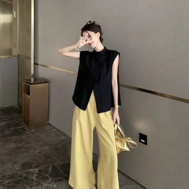 

Черный комплект: свободная блузка без рукавов с полувысоким воротником и повседневные брюки для женщин, однотонный, универсальный, стройнящий, модный, новинка