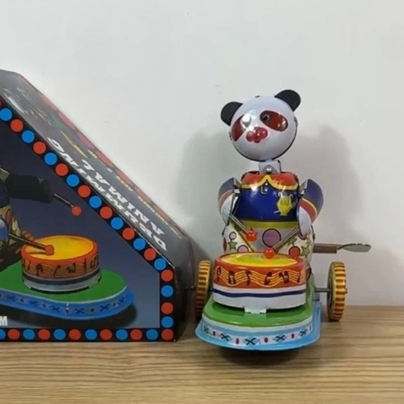 

Panda Car Mechanical Clockwork Toy Collection Retro Metal Tin Drumming Animal Figures Model Kids Brithday Gift Wind Up Toy
