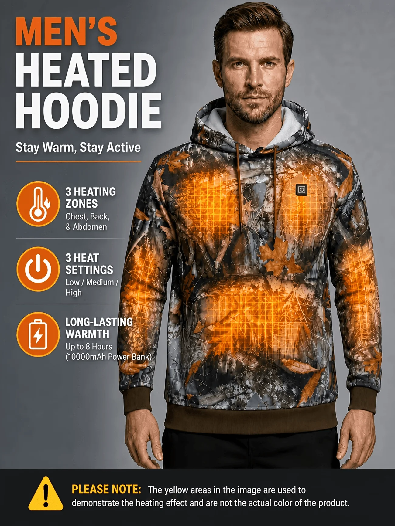 Men's Heated Hoodie With 10 Heating Zones, 3-level Intelligent Temperature Control, Autumn/Winter Hunting Dead Leaf Camo Print (Battery Not Included)