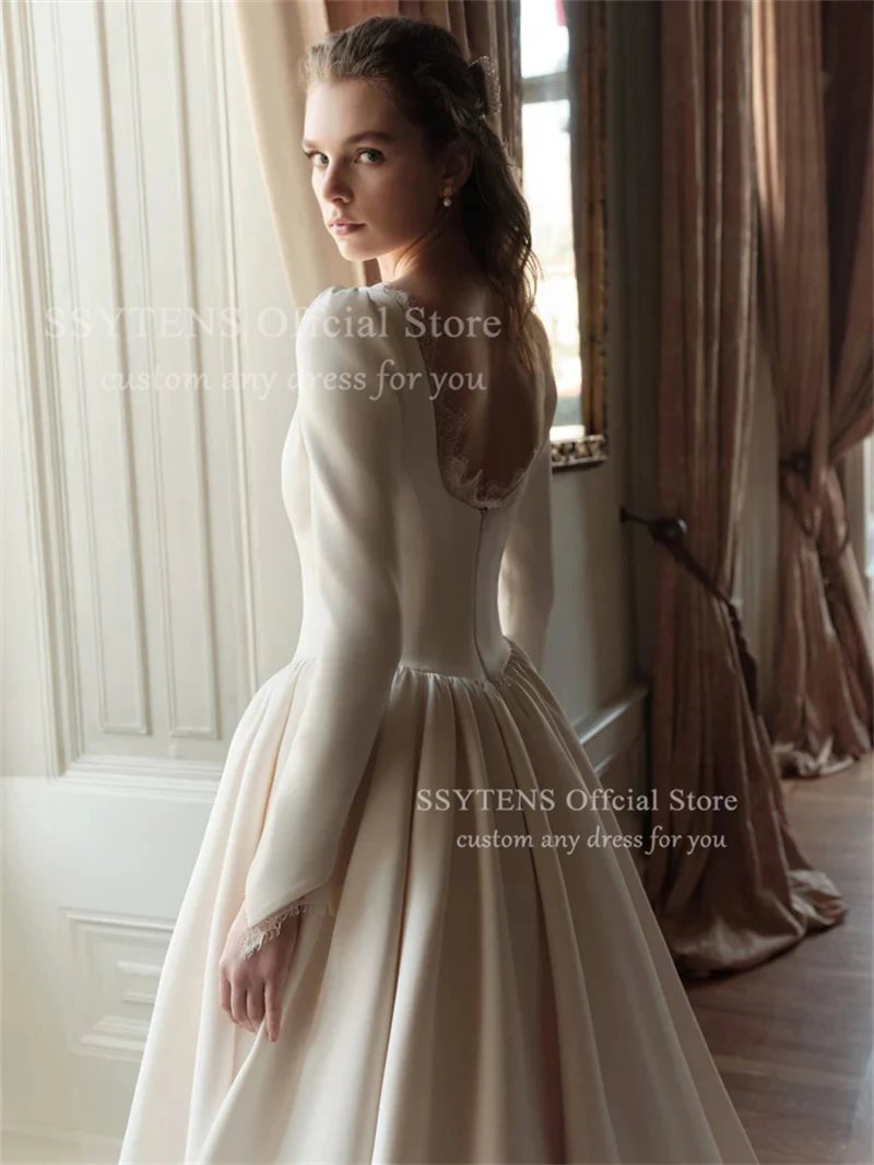 SSYTENS White A Line Wedding Dresses Lace Satin Long Sleeves Vestidos De Novia Boda Backless Simple Civil Bridal Gown Customized