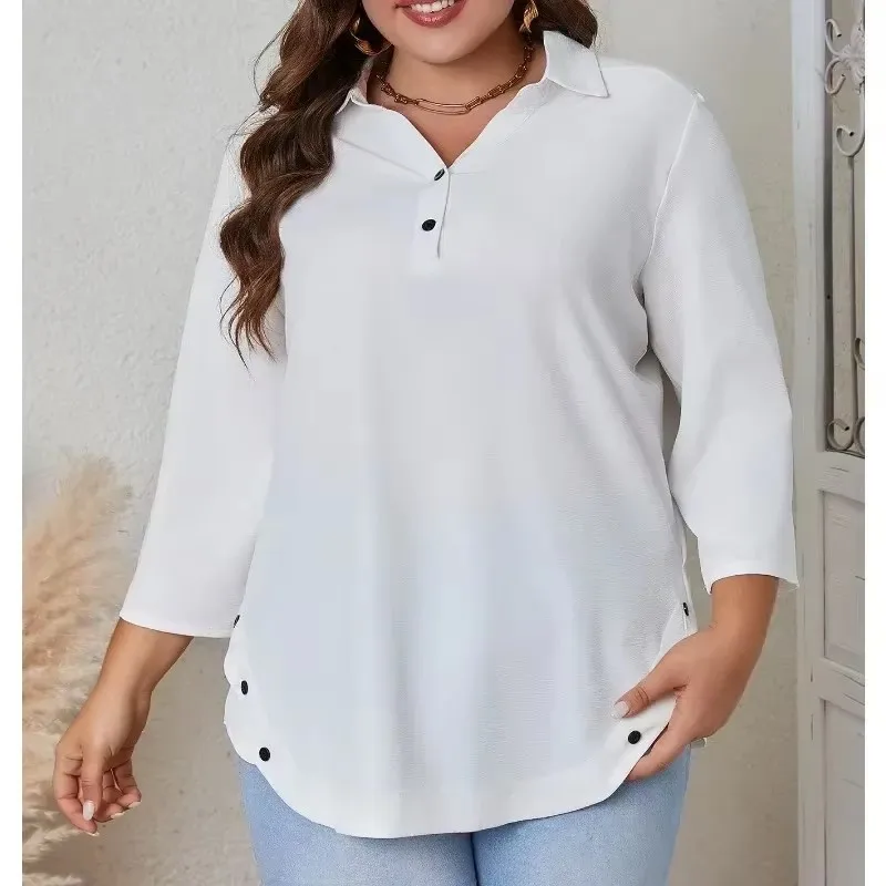 

Women's Plus Size Long Sleeved Lapel Button Simple Solid Color Shirt for Casual Commuting