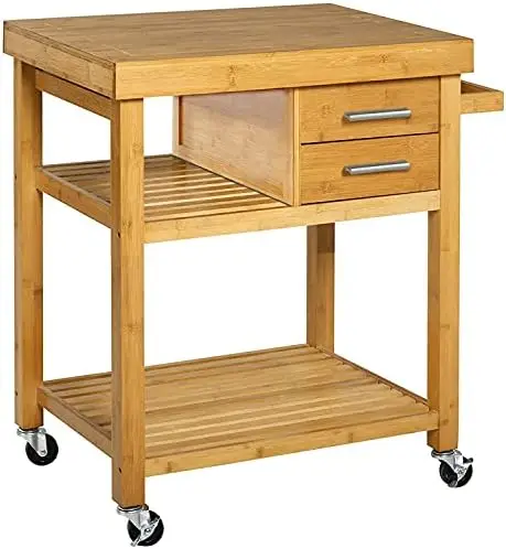 Rolling Kitchen Island Cart with Drawers Shelves, Towel Rack, Locking Casters, Butcher Block Food Prepping Cart Trolley