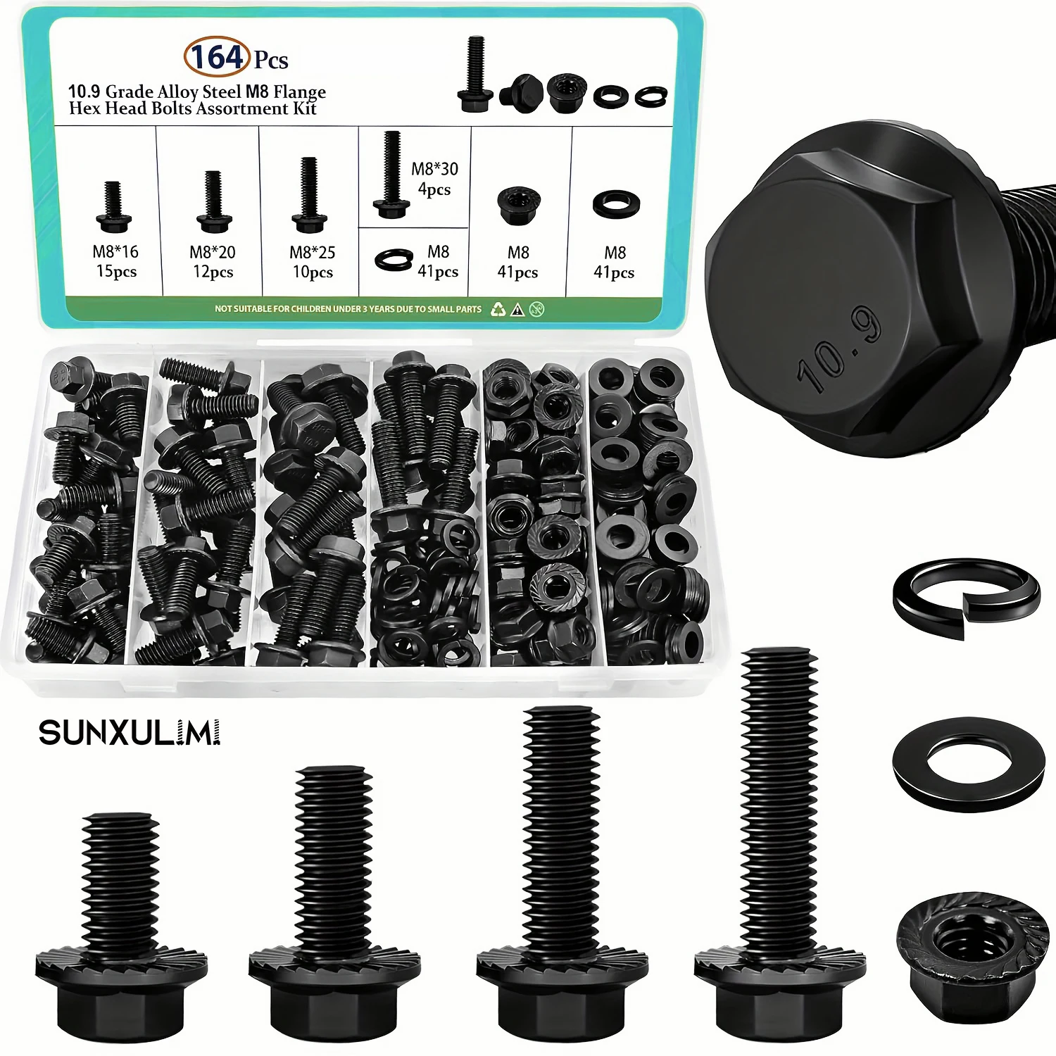 

164-Piece Flange Head Bolt Combination Set, M8x16/20/25/30 mm Metric Flange Hex Bolts with Nuts and Washers, for Automotive Use,