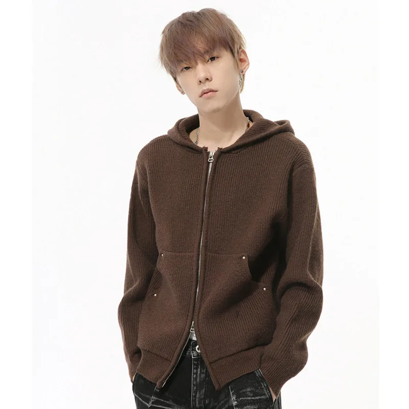 SYUHGFA Niche Design Men's Cardigan Solid Color Design Hooded Casual Knitting Tops Double Zippers Loose Male Hooded Sweater 2024