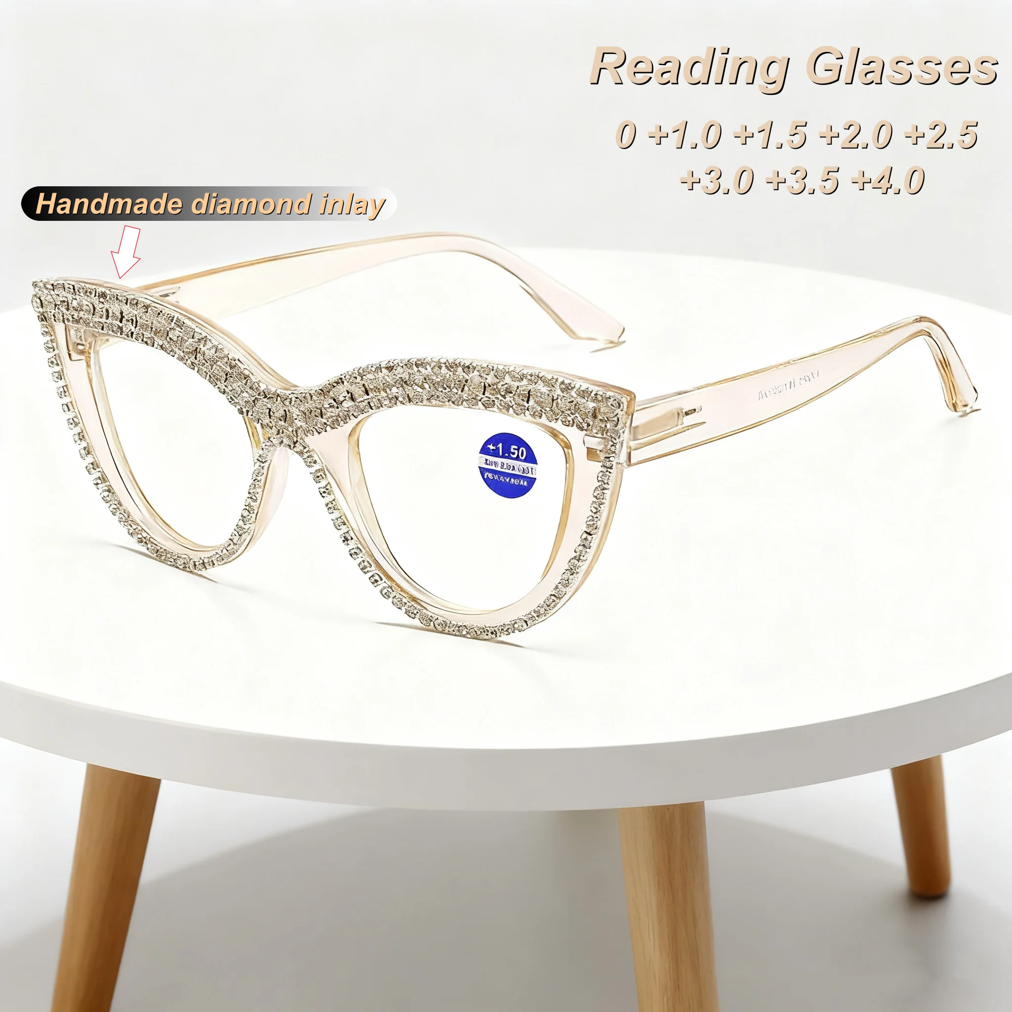 

New Fashionable Handmade Diamond Inlaid Cat Eye Women's Reading Glasses Retro Neutral High Quality Anti Blue Light Glasses