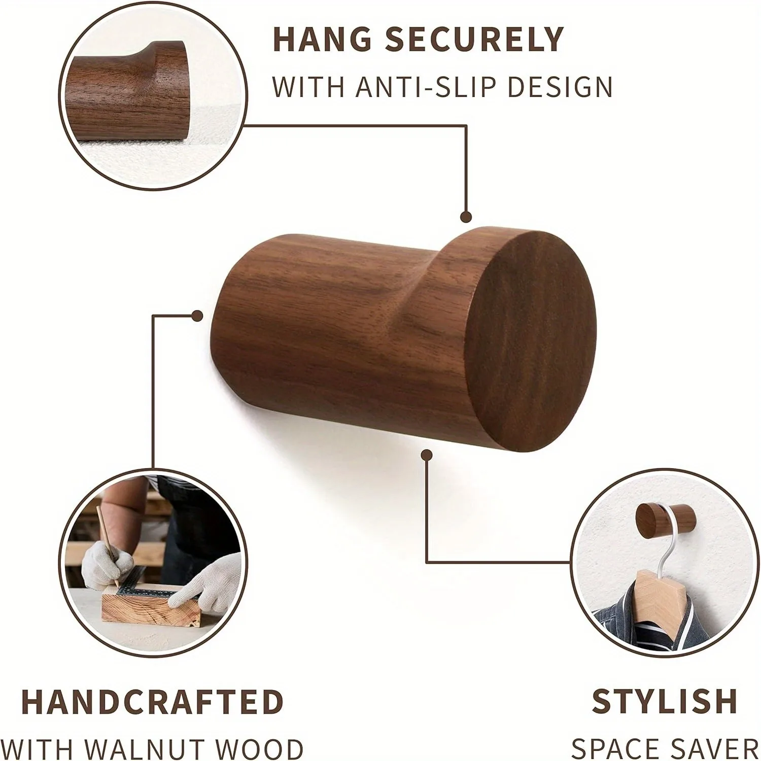 Pack of 1-6 Walnut - Non-slip Traditional Style Handmade Wall Hooks Set for Hats, Coats - Simple Multipurpose Home Decor