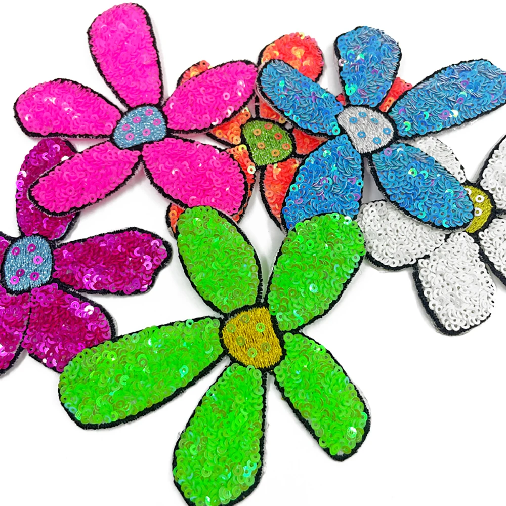 1 Piece 8-10 cm Iron on Sequin Flower Applique, DIY Decoration, Cartoon Patch, Clothing Accessories Back Adhesive