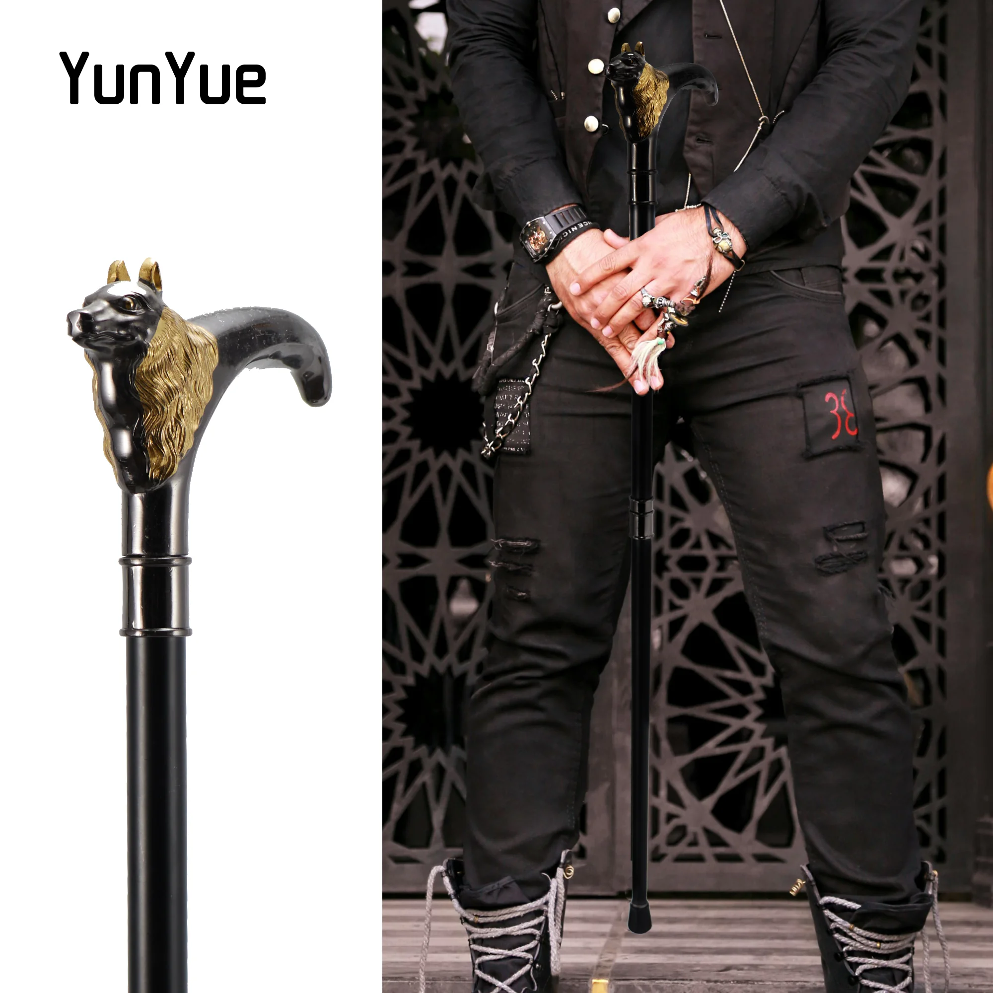 Luxury Gold and Black Metals Wolf Animal Fashion Walking Stick Decorative Halloween Cospaly Vintage Party Walking Cane 93cm