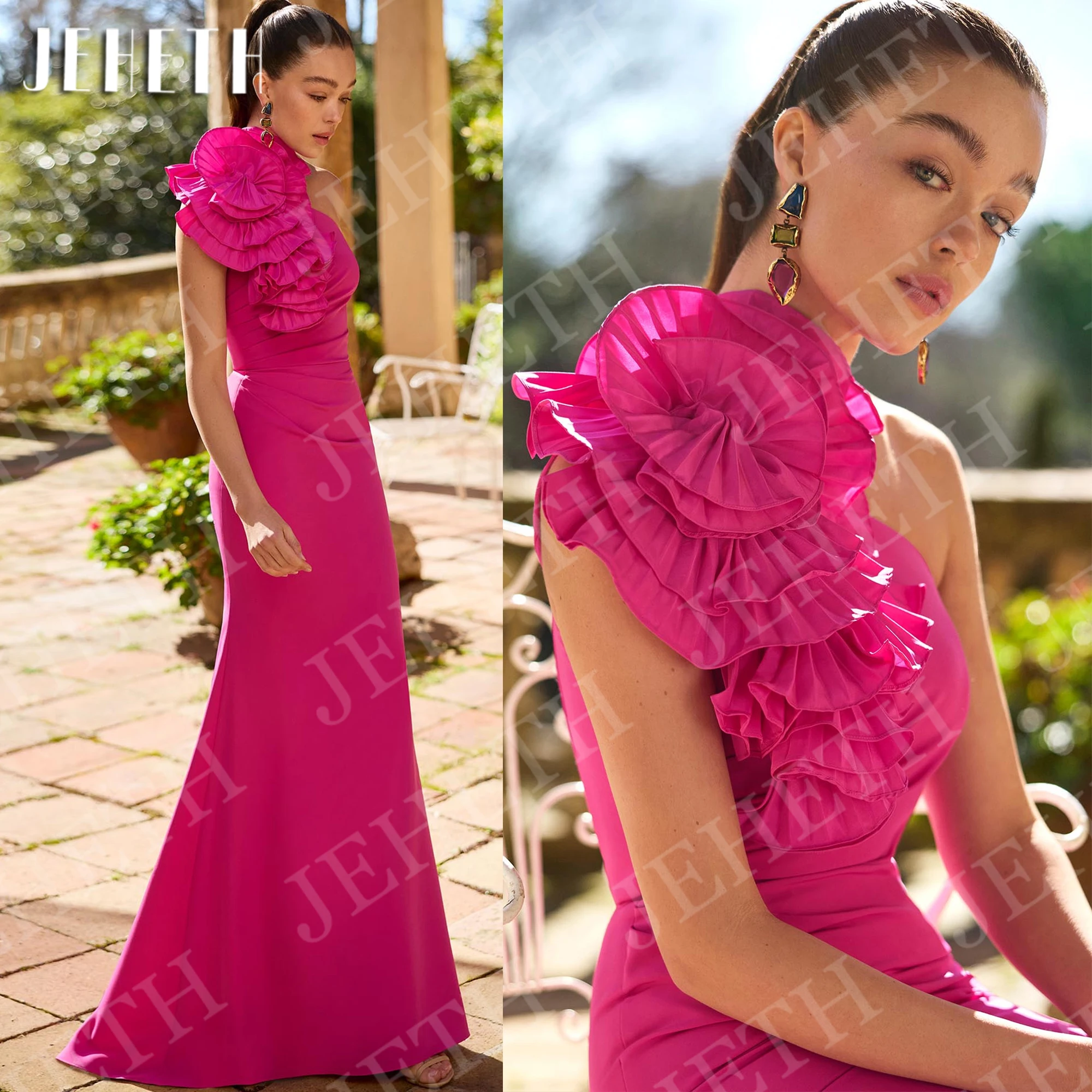 

JEHETH One Shoulder Mermaid Evening Dresses Long Woman Fuchsia Satin Formal Wedding Guest Party Dress Customized robes de soirée