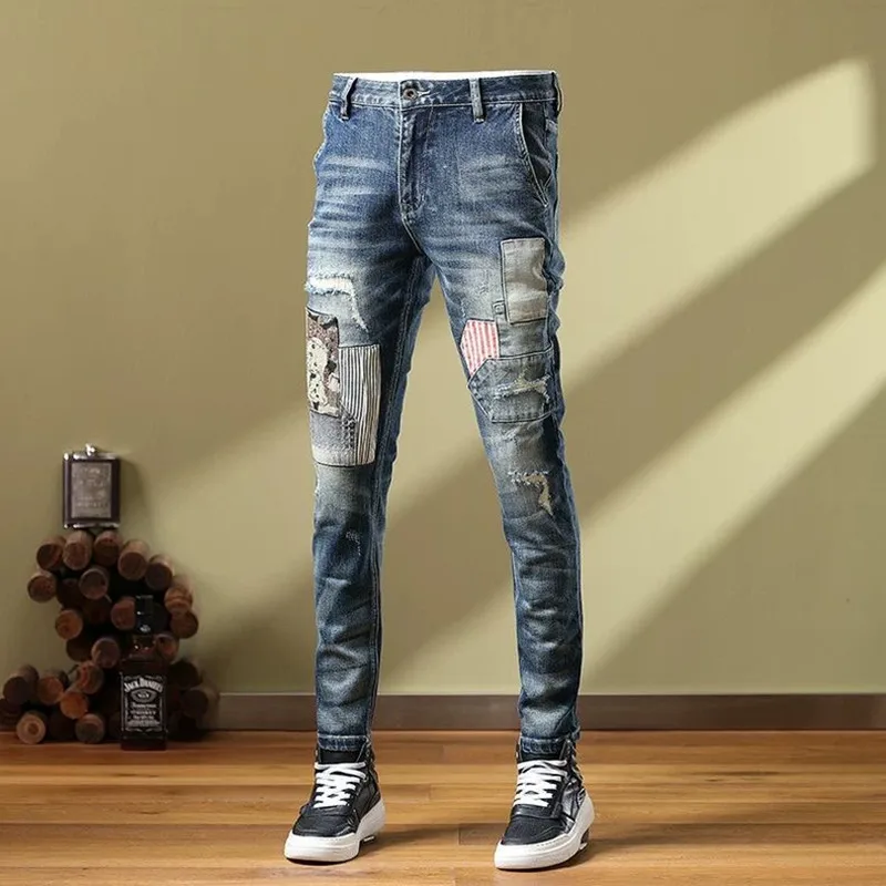 2024 Spring and Autumn New Fashion Trend Printed Straight Leg Jeans Men\'s Casual Slim Comfortable Breathable High-Quality Pants