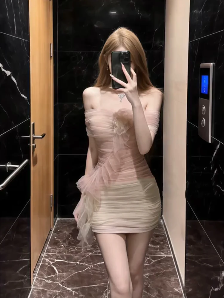 

plus Size Pure Desire Gradient Mesh One Shoulder Tube Top Dress Women Summer Sexy Waist Cinching Bodycon Short Skirt