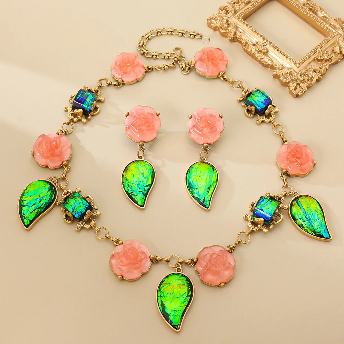 Medieval electroplated flowers green leaves flower necklace earrings temperament necklace ear stud