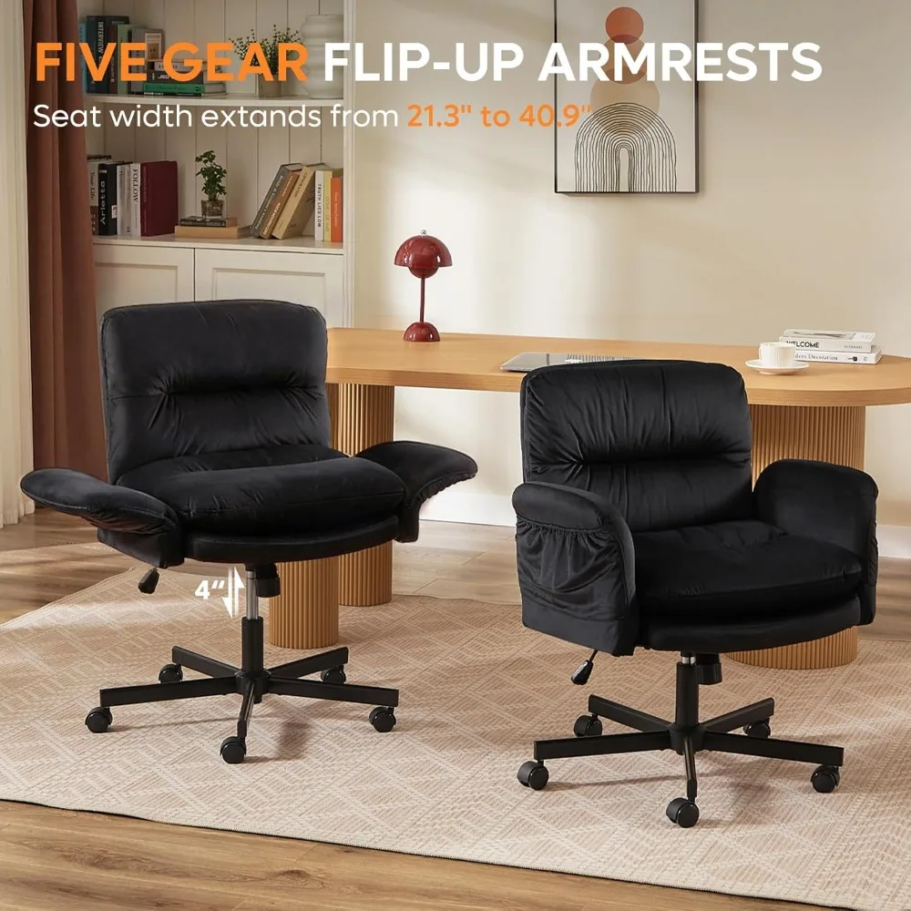 كرسي مكتب كبير مريح مع دعم قطني ومساند للذراعين قابلة للطي، كرسي كمبيوتر من جلد البولي يوريثان عالي التحمل، أسود