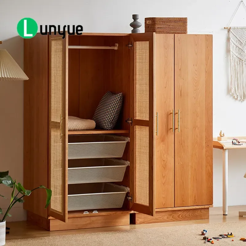 Japanese Style Solid Wood Wardrobe Rattan Combination Locker Simple Storage Cabinet for Small Apartment Bedroom Study Kids