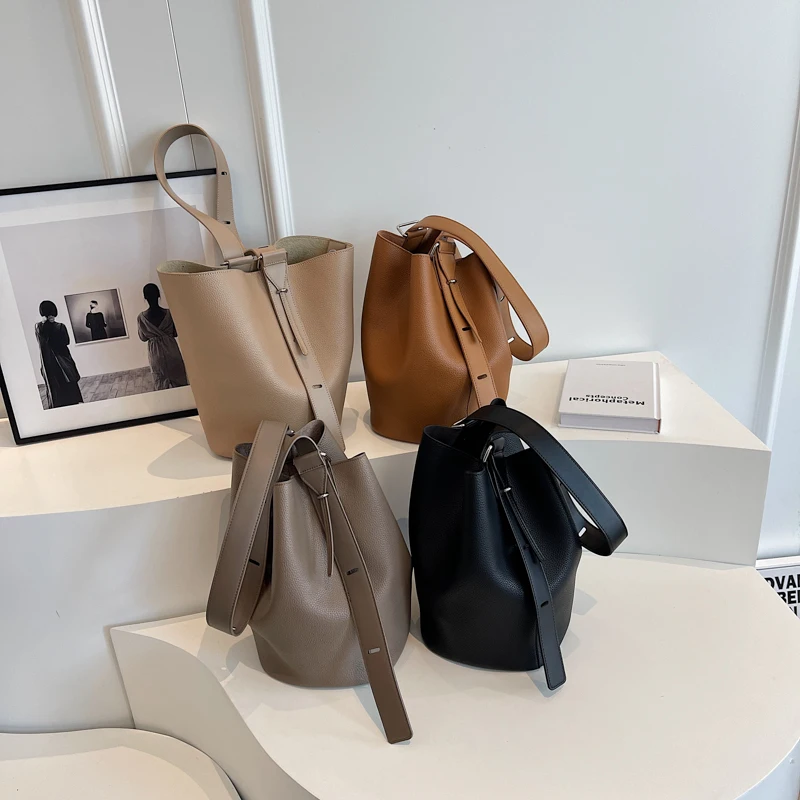 Retro PU Leather Shoulder Bags for Women 2023 Designer Korean Fashion Female Bucket Handbags Solid Color Crossbody Bags