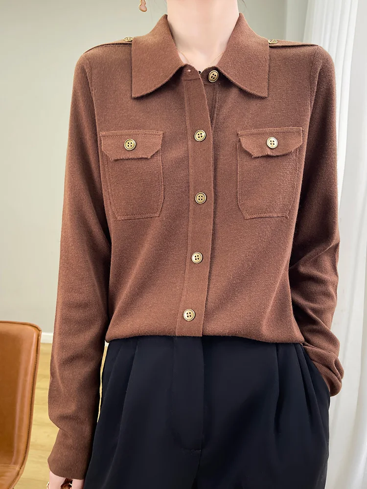 2025 nueva Otoño Invierno lana peinada Spinning camisa de manga larga POLO cuello cárdigan mujer camisa ligera de lujo moda ocio Top