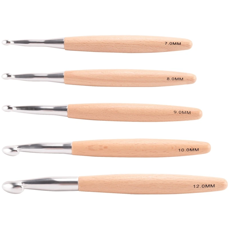 Conjunto de ganchos de crochê grandes at17 com cabo de madeira de faia, ganchos de crochê para fio grosso, tamanho 7mm 8mm 9mm 10mm 12mm