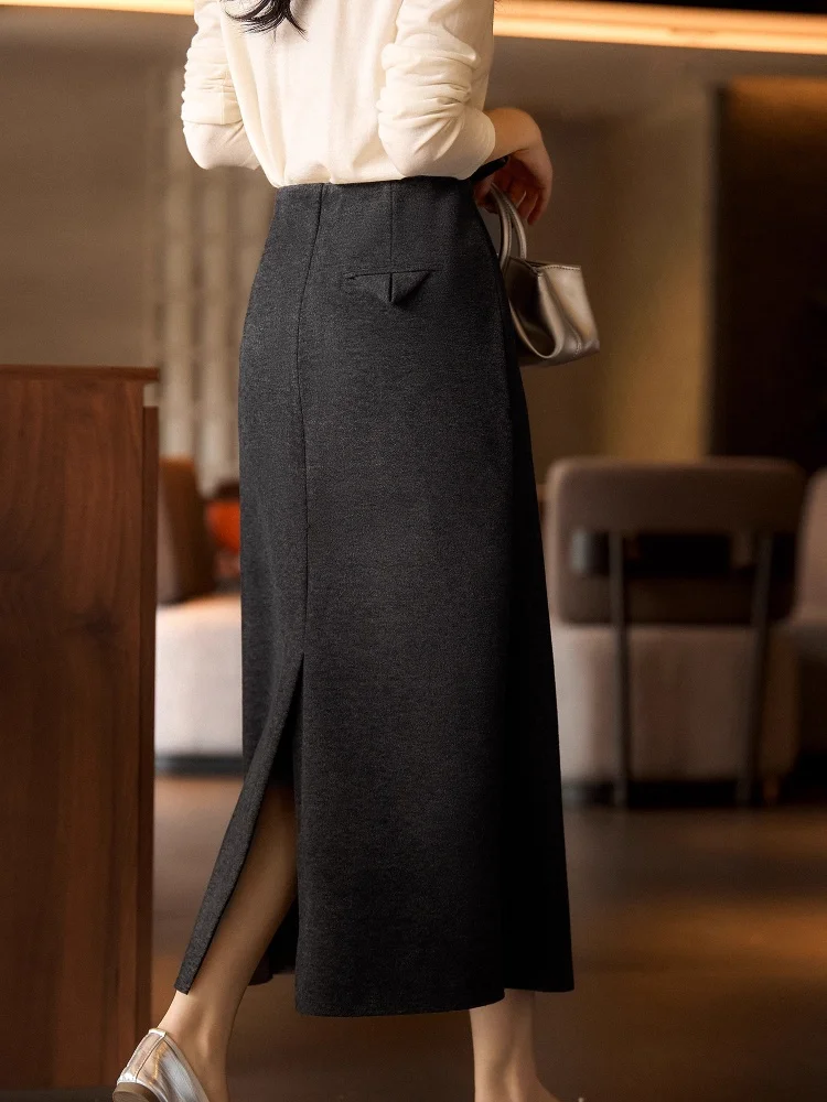 Birdtree, Kaschmir-Mischrock für Damen, elastische Taille, modische, lockere Röcke, hinten geschlitzt, Pendler-Stil, 2025 Herbstneu D5D602JF