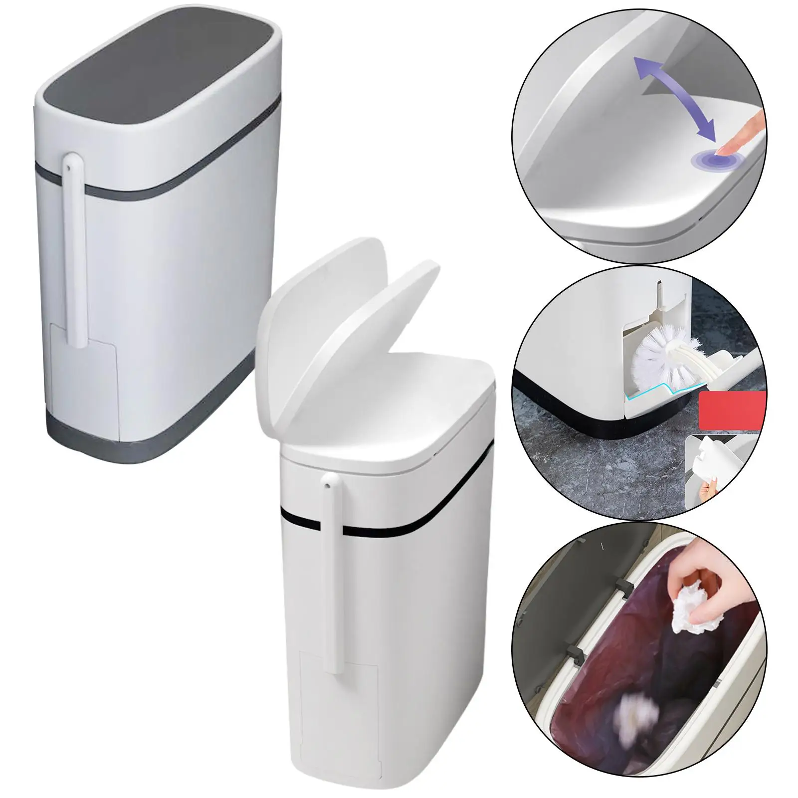 Narrow Trash Can with Toilet Brush Wastebasket Dustbin Bucket for Kitchen RV