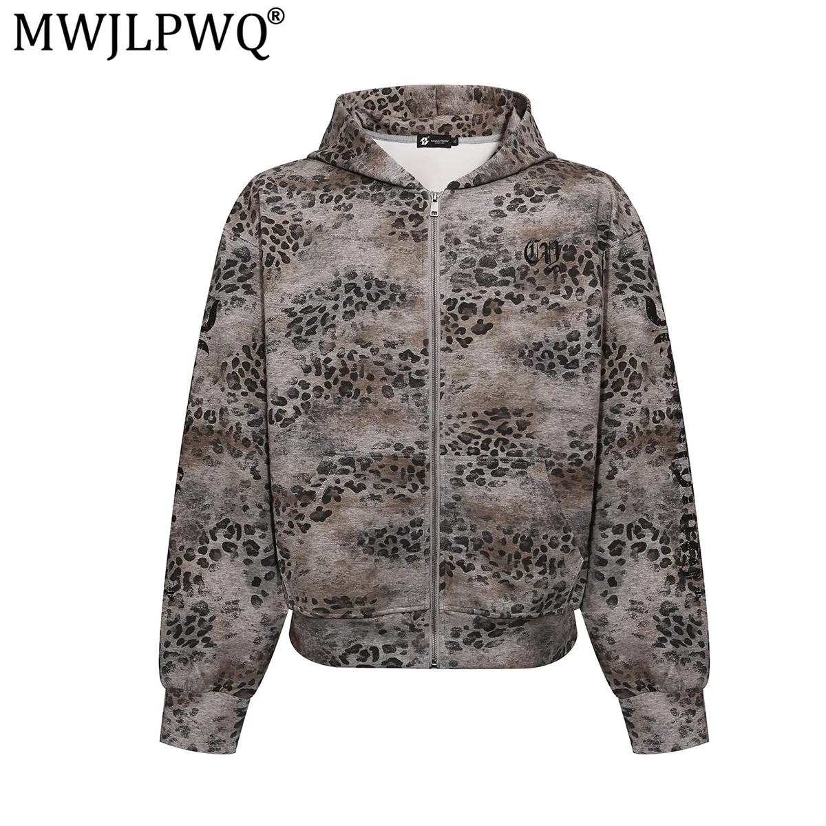 MWJLPWQ Retro Leopard Print Hooded Sweatshirt Men's American-Style Zip-Up Casual Relaxed Stylish Long Sleeve Autumn Hoodie 21281