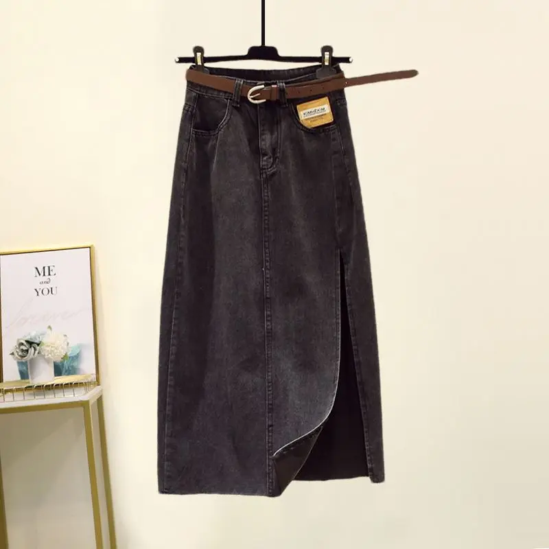 2023 New Korean Fashion A-Line Solid Color Denim Skirt Women\'s Clothing Summer Vintage High Waist Split Midi Skirts for Female