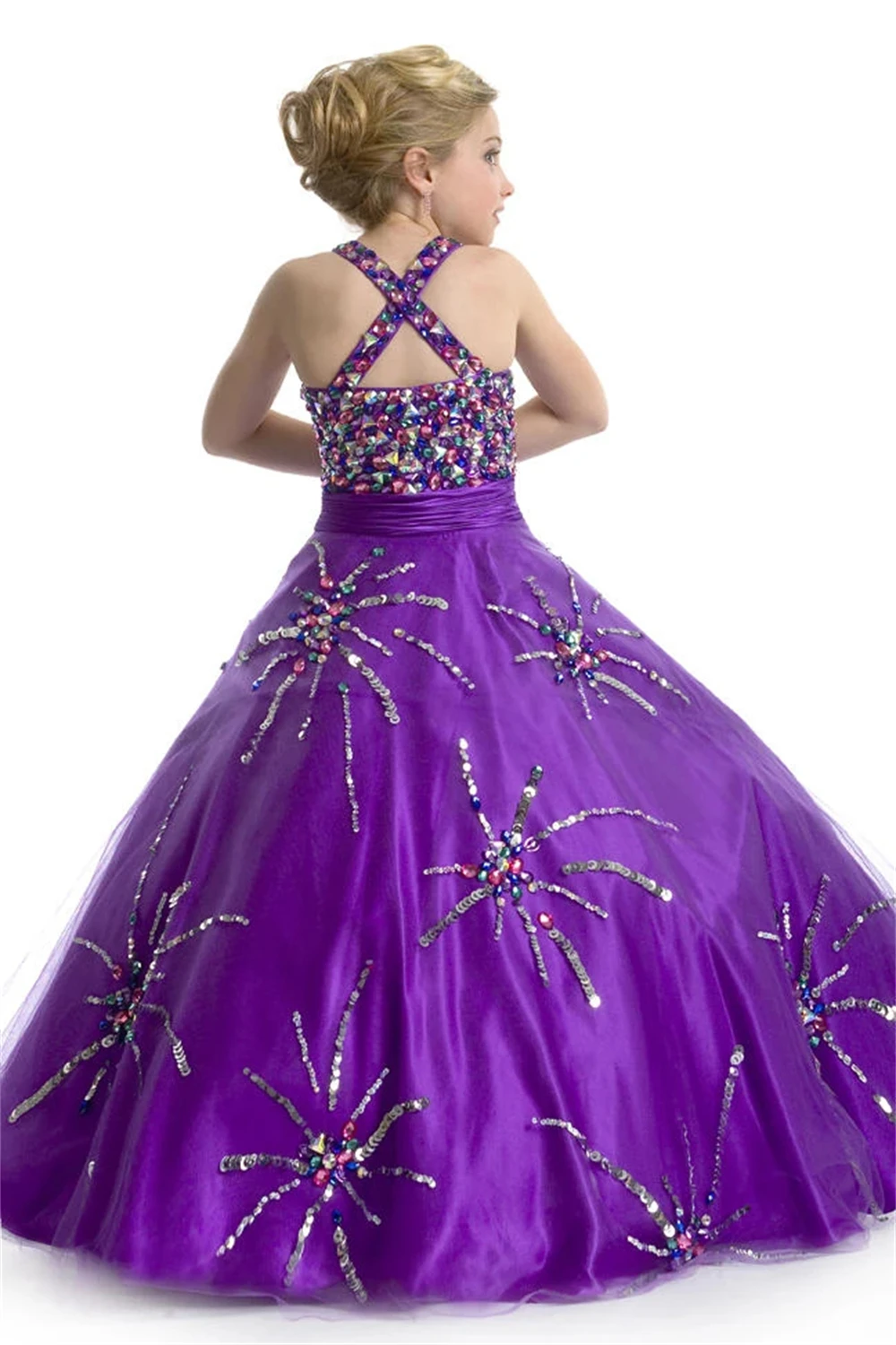 Customized Purple Flower Girl Dress For Wedding Glitter Sleeveless Floor Length Elegant Kids Birthday First Communion Gown