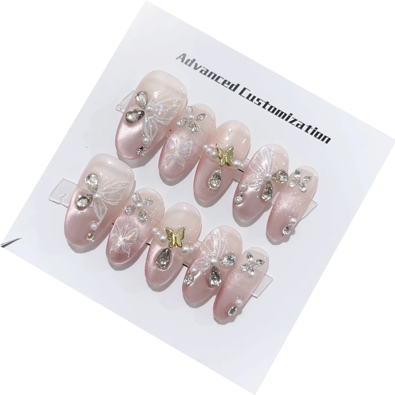 Pink Butterfly Short Rhinestone Detachable Reusable High-Quality Elegant Luxurious Whitening Handmade Press On Nails.No.D1222