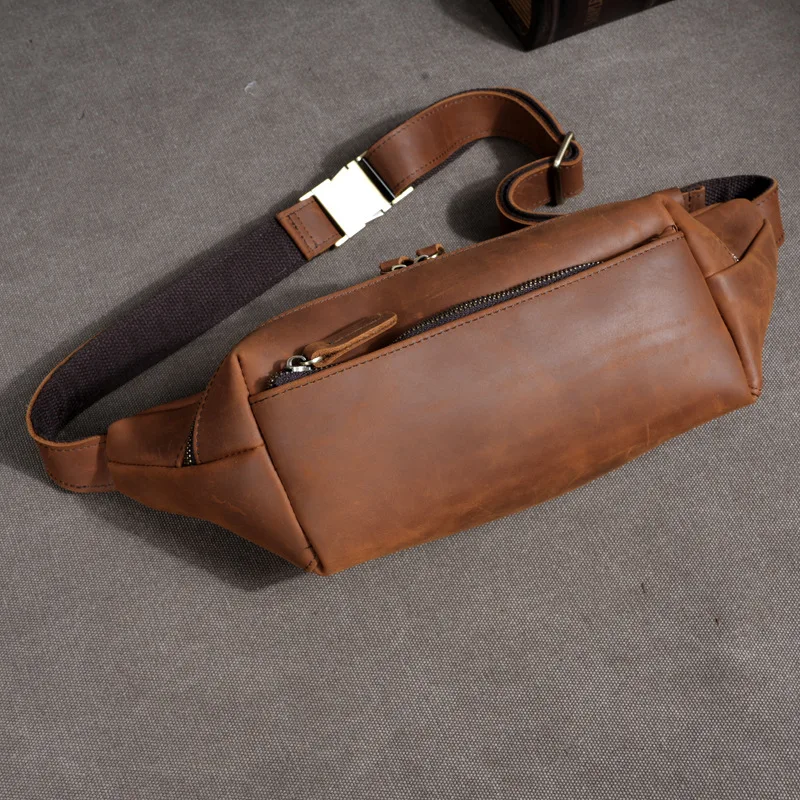 Men's Full-Grain Crossbody Bag - Convertible Chest Waist Pack, Genuine Leather Shoulder Bag for Outdoor Office