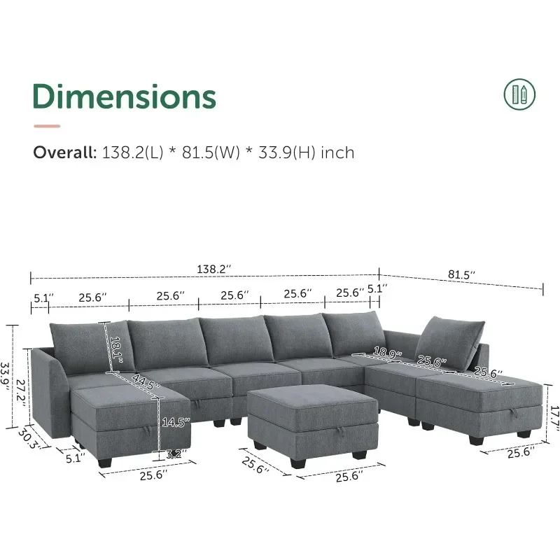 Storage Reversible Sectional Modular Sofa Couch with Ottomans U Shaped Sectional Couch for Living Room, Bluish Grey