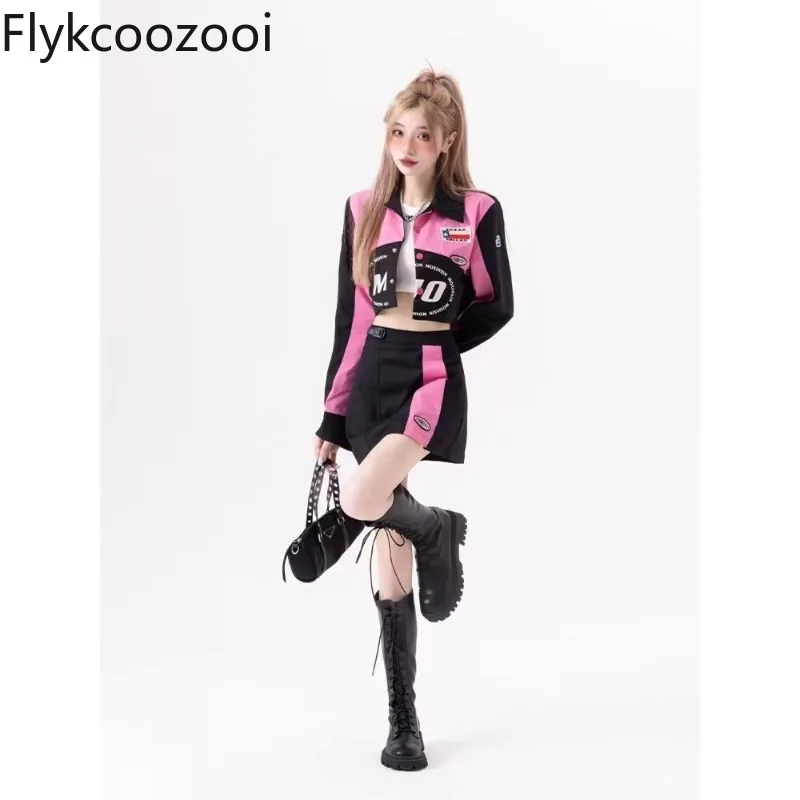 

Preppy Sporty Printed Polo Neck Coat Crop Top Women High-waisted A-line Mini Skirt Girls Chic Baseball Uniform Slimming Outfit
