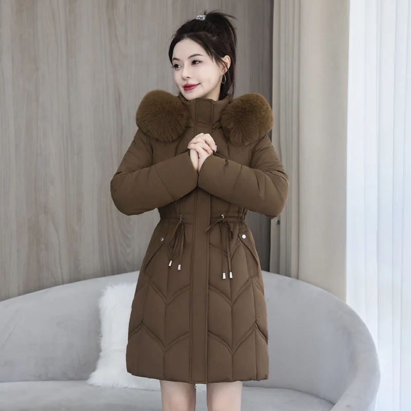 

Cotton padded women's new mid to long Korean version waist cinched thick cotton jacket new cotton coat jacket