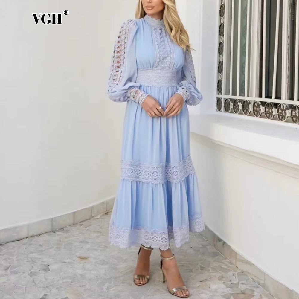 

VGH Solid Temperament Long Dresses For Women Stand Collar Lantern Sleeve High Waist Spliced Lace Up Dress Female Fashion New