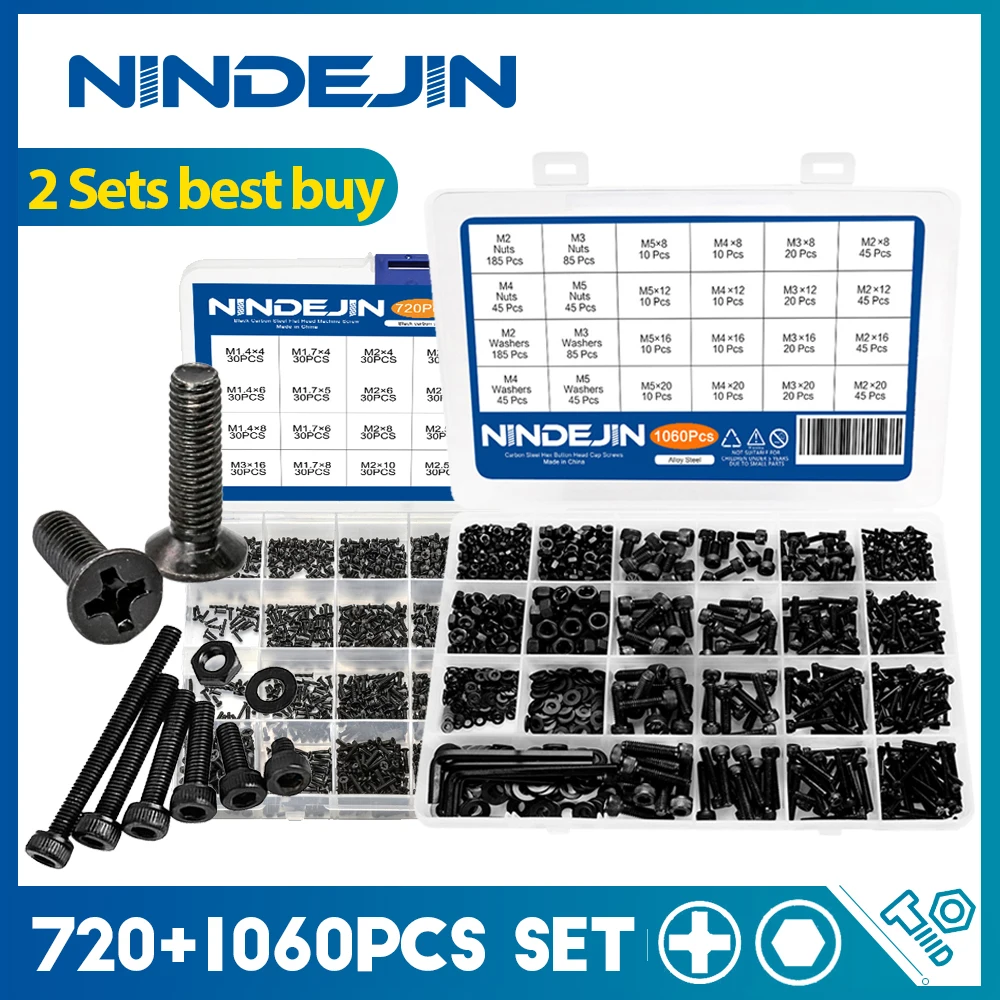 

NINDEJIN 2 Sets 720pcs Laptop Screw Kit and 1060pcs Allen Head Hex Socket Head Cap Screw Kit Carbon Steel