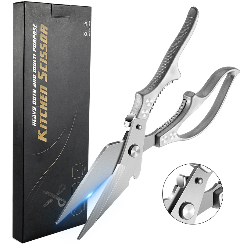 Stainless steel multifunctional kitchen scissors, powerful seafood and crab cutter, thickened and non-slip, suitable for cutting chicken bones, crab, shrimp shells, chicken, duck, and fish bones. Features a bottle opener, nutcracker, fish scale scraper, and other multifunctional features in one. Sharp and rust-resistant, specialized for kitchen use