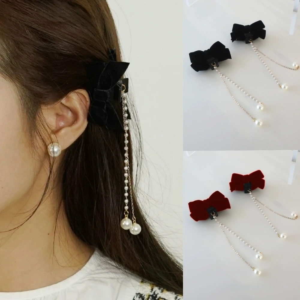 2 Stück handgefertigte Haarspangen – schwarze Samtschleife mit langen Quasten, koreanisches Design, Haarklammern für Damen, Party-Haarschmuck
