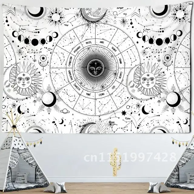 Sky Star Mandala Sun Moon Tapestry Black White Wall Hanging Bohemian Gypsy Psychedelic Tapiz Witchcraft Astrology Tapestry