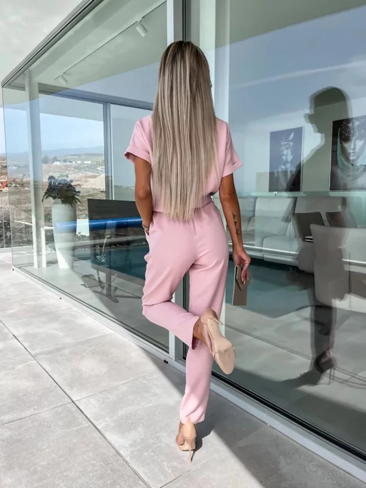 Jumpsuit Women 2023 Summer Solid Color Casual Short Sleeve V-neck Pocket Lace-up Pencil Long Pants Jumpsuits Outfits Bodysuits