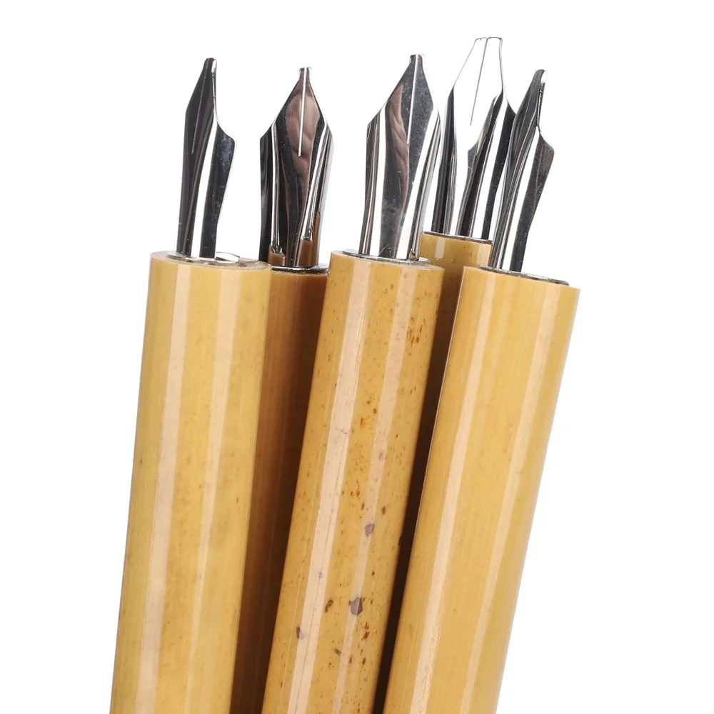 

Набор из 5 бамбуковых ручек для каллиграфии с 5 размерами перьев (№1-5), со скошенными перьями, в коробке, для начинающих, просты в использовании.