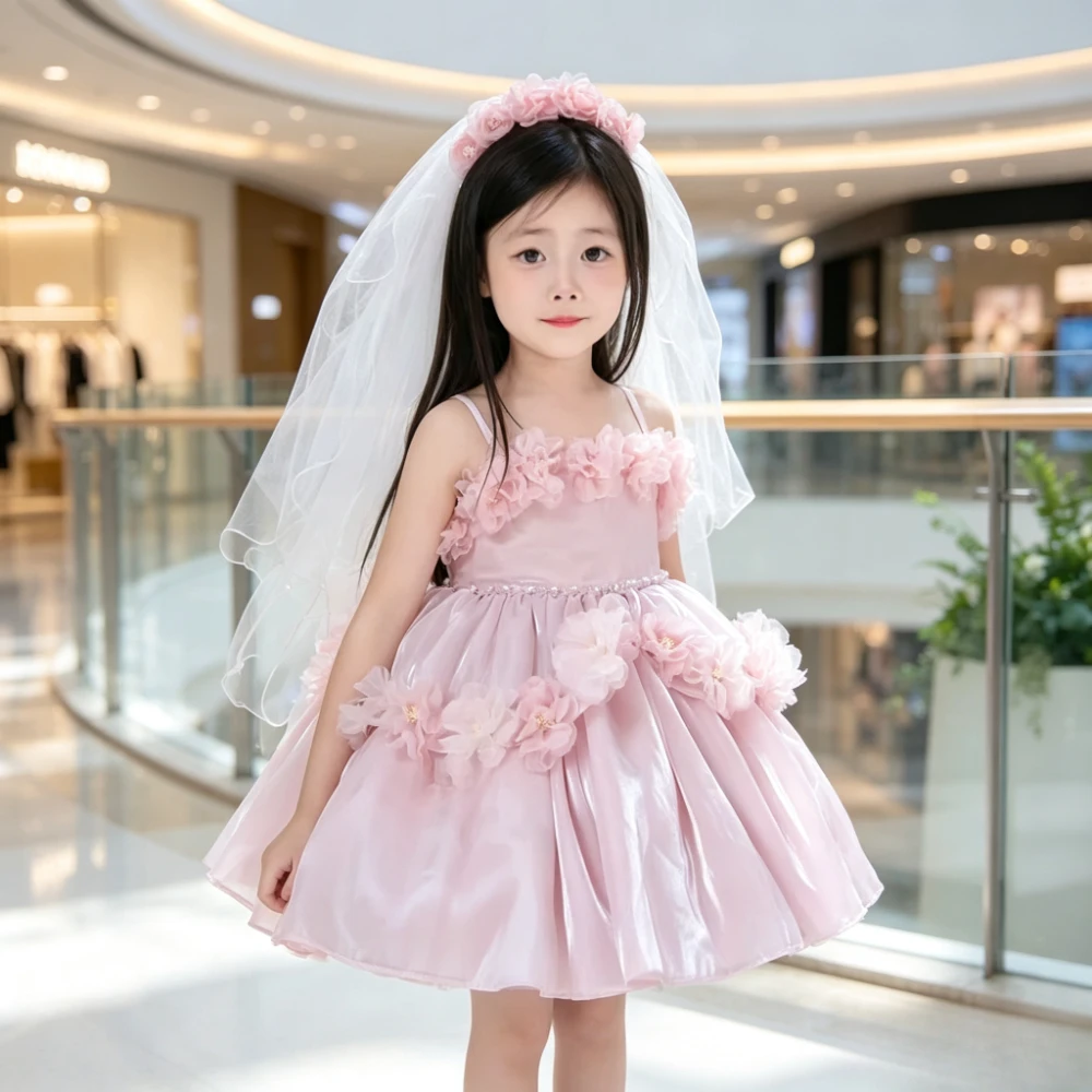 2026 New Dress Kids Tutu Gown Wedding Flower Pink Floral Girls Spaghetti Strap PrincessGirl Birthday Party Kids Formal Clothes