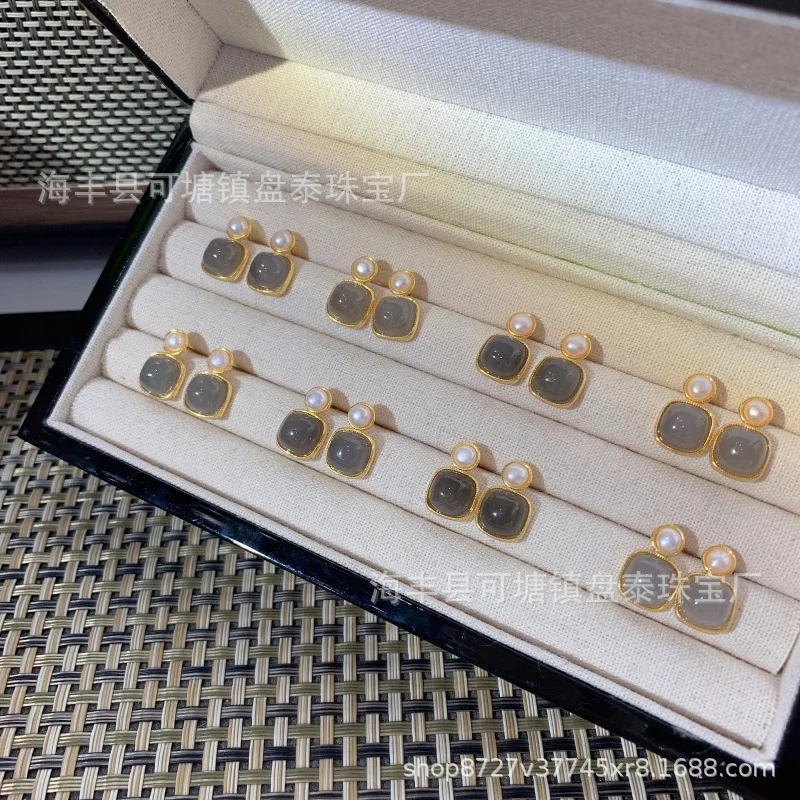 Live Stream Supply Natural Smokey Violet Hetian Jade Cube Sugar Pearl Stud Earrings 925 Silver Affordable Luxury Style