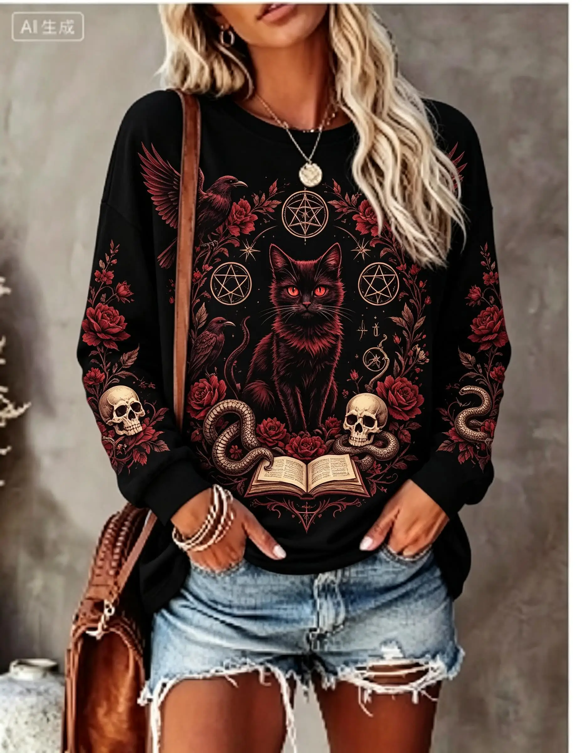 Women Halloween Long Sleeve T‑Shirt Black Cat Pentagram Skull Rose Snake Gothic Print Crew Neck Tops