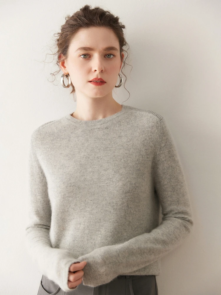 TLOML Damski Sweter 100% Kaszmir Okrągły Dekolt Jesień Zima Dopasowany Podstawowy Sweter z Kaszmiru Miękki Ciepły Warstwa Bazowa Top