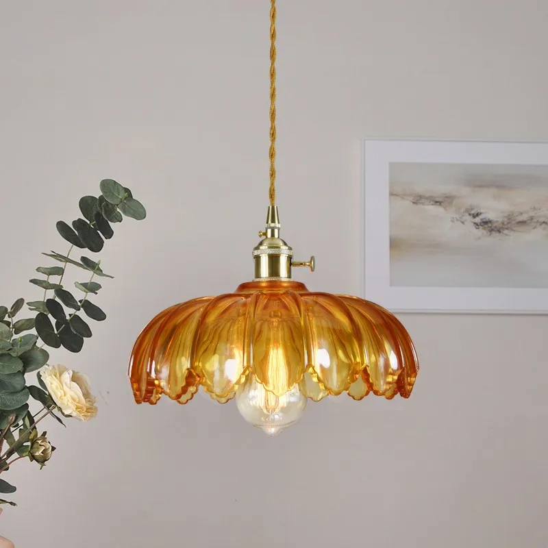 Vintage Lotus Petal Glass Pendant Light Retro Colored Glass Ceiling Fixture for Kitchen Aisle Balcony Bedroom Home Art Decor E27
