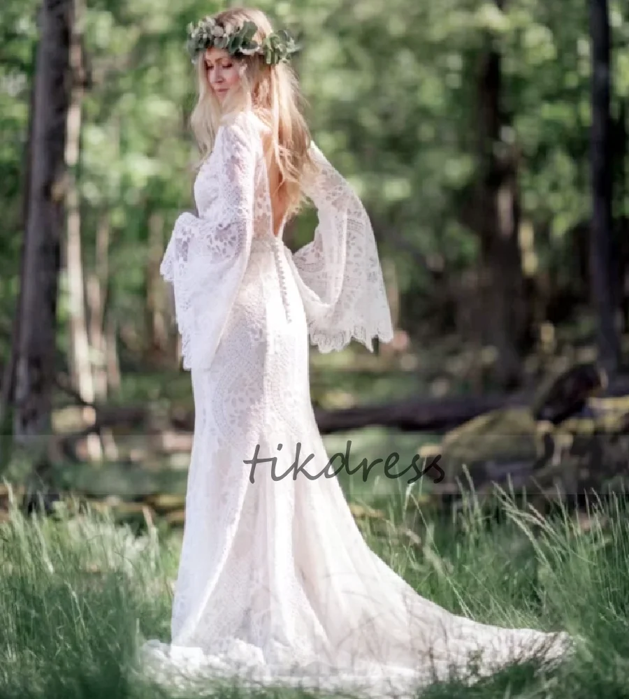 Forest Fairy Wedding Dress 2026 Belle Sleeve Full Lace Rustic Bohemian Bridal Gowns Backless Boho Beach Country Bride Dress