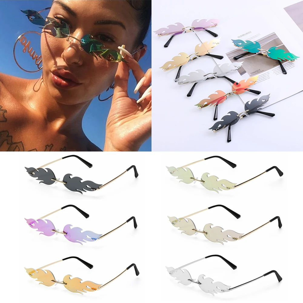 Streetwear Eyewear Narrow Sunglasses Fashion Sunglasses Rimless Fire Flame Wave Sun Glasses