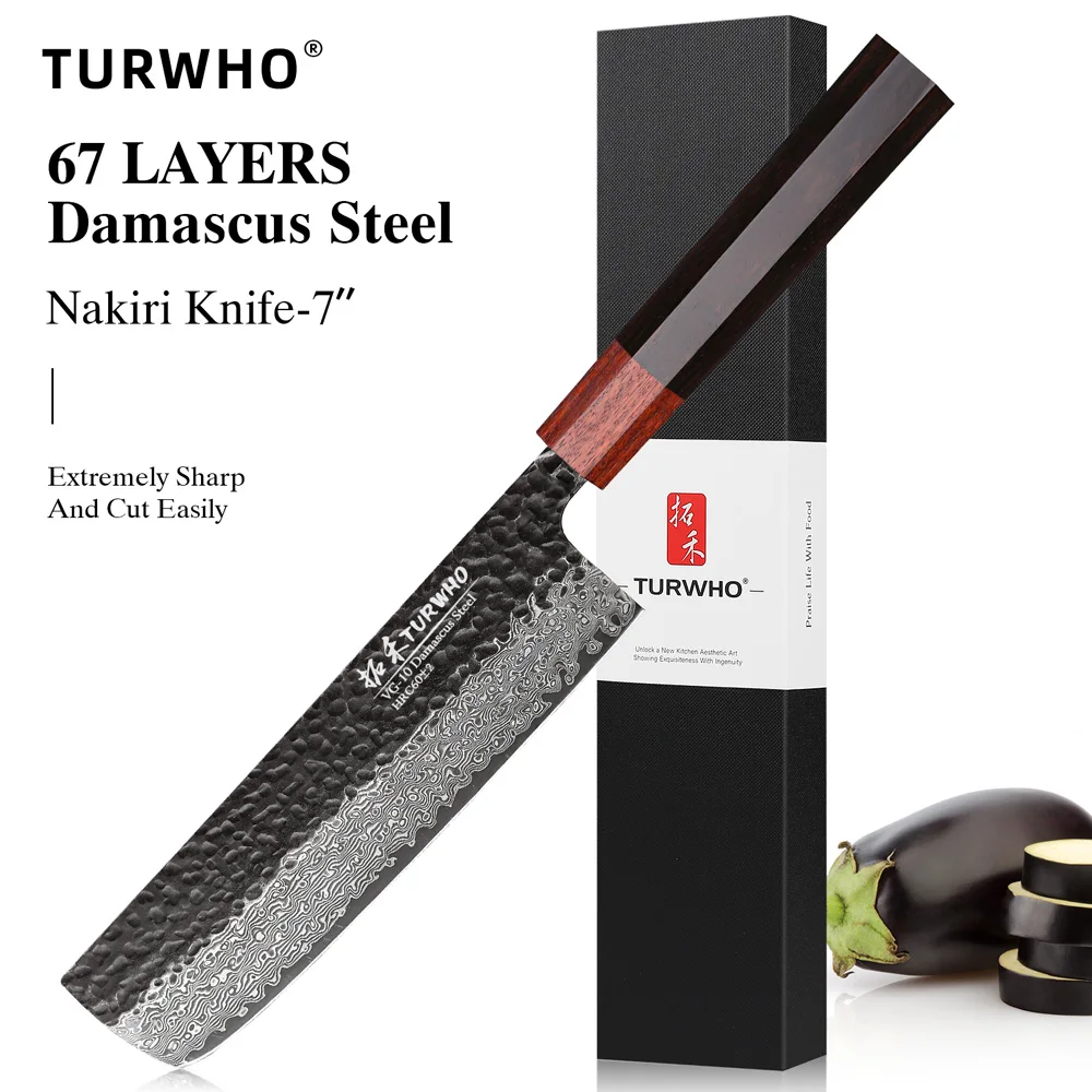 TURWHO 7 Inch Japanese Nakiri Knife Damascus Steel Hand Forged Kitchen Chef Knives Sharp Meat Vegetable Cutting Cooking Tools