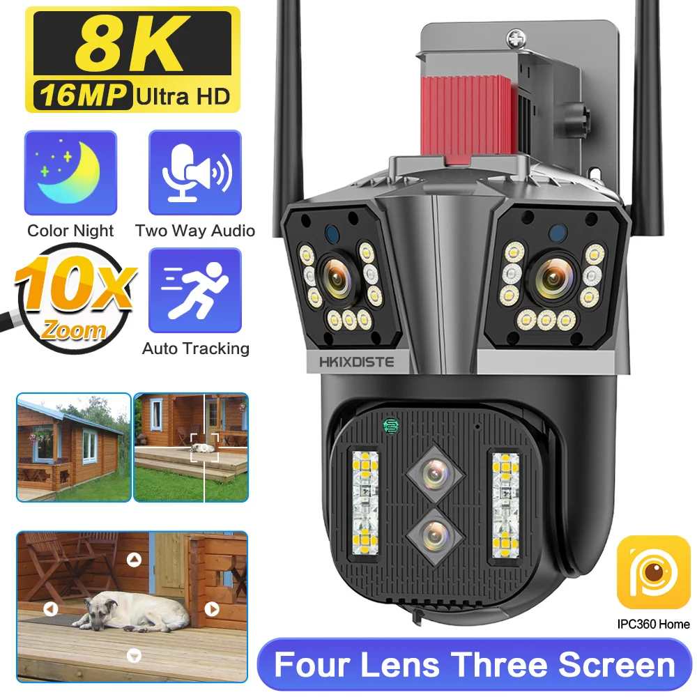 

16MP 8K HD IP Camera Wifi Surveillance 4-Lens 3-Screen Security PTZ Camera 4K 8MP Auto Tracking Video CCTV Camera IPC360 Home